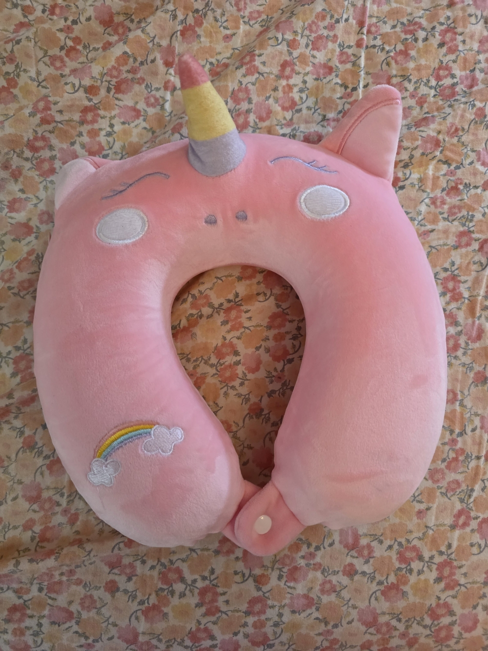 Pink Unicorn Kids Travel Neck Pillow with Rainbow Accent